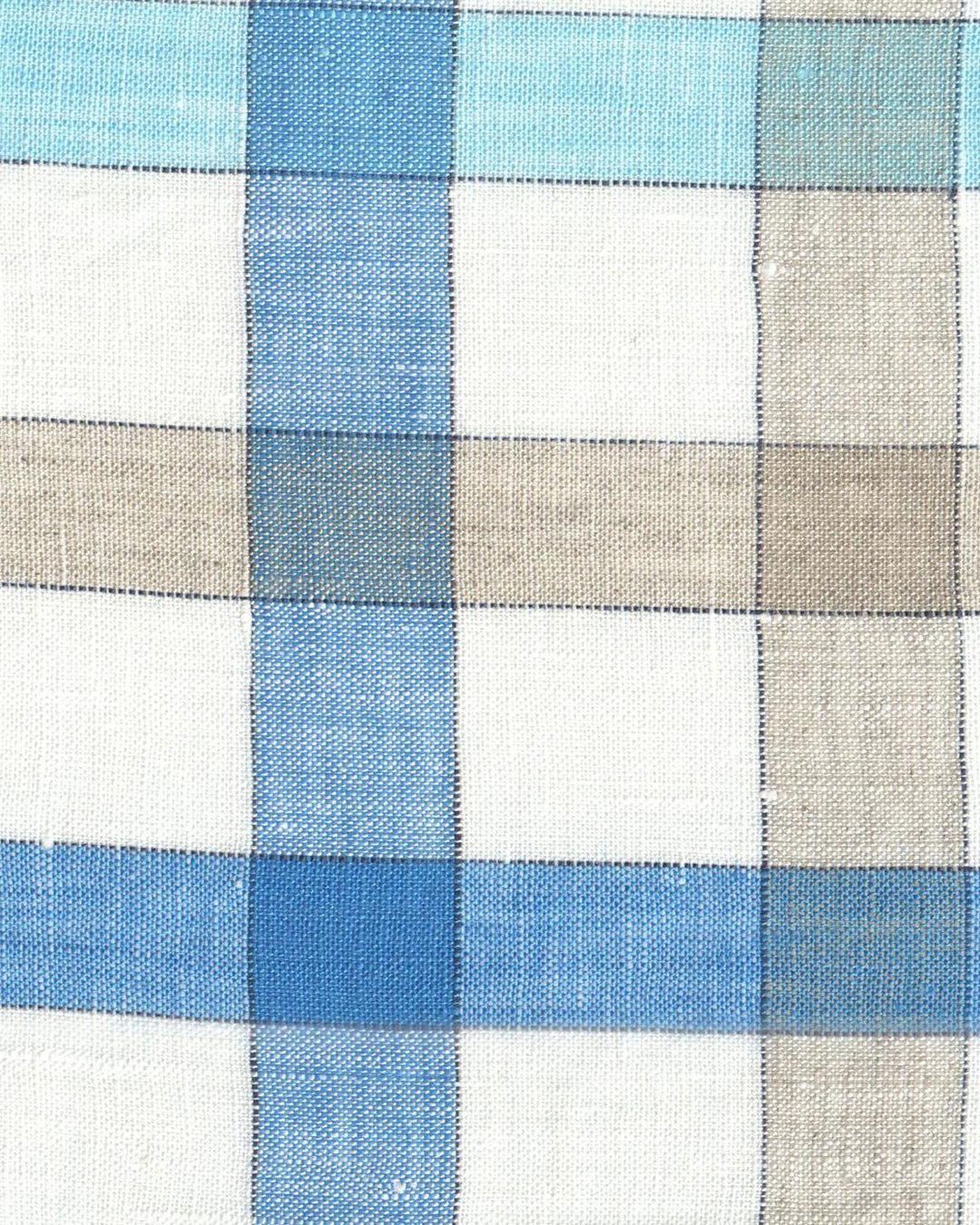 Close up view of custom linen shirt for men in white blue ecru checks