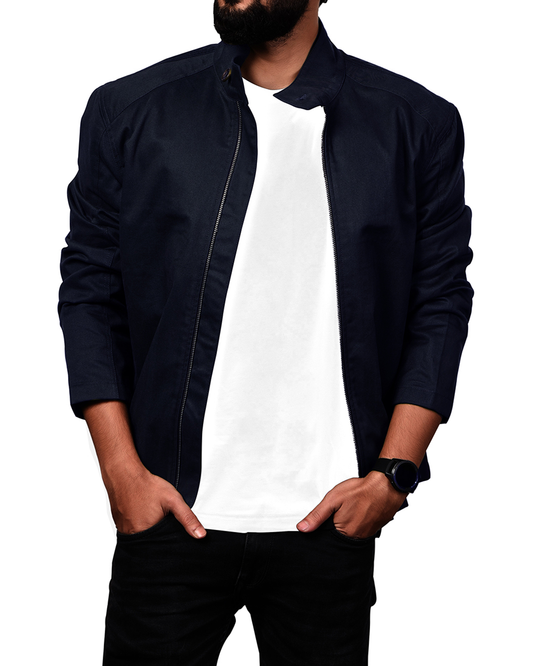 Model wearing the bomber style shirt jacket for men by Luxire in navy