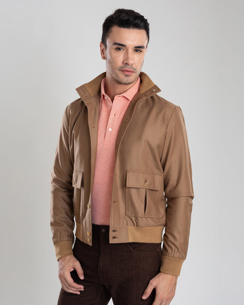 VBC: Sand Woolen Flannel Rib Collar Shirt Jacket