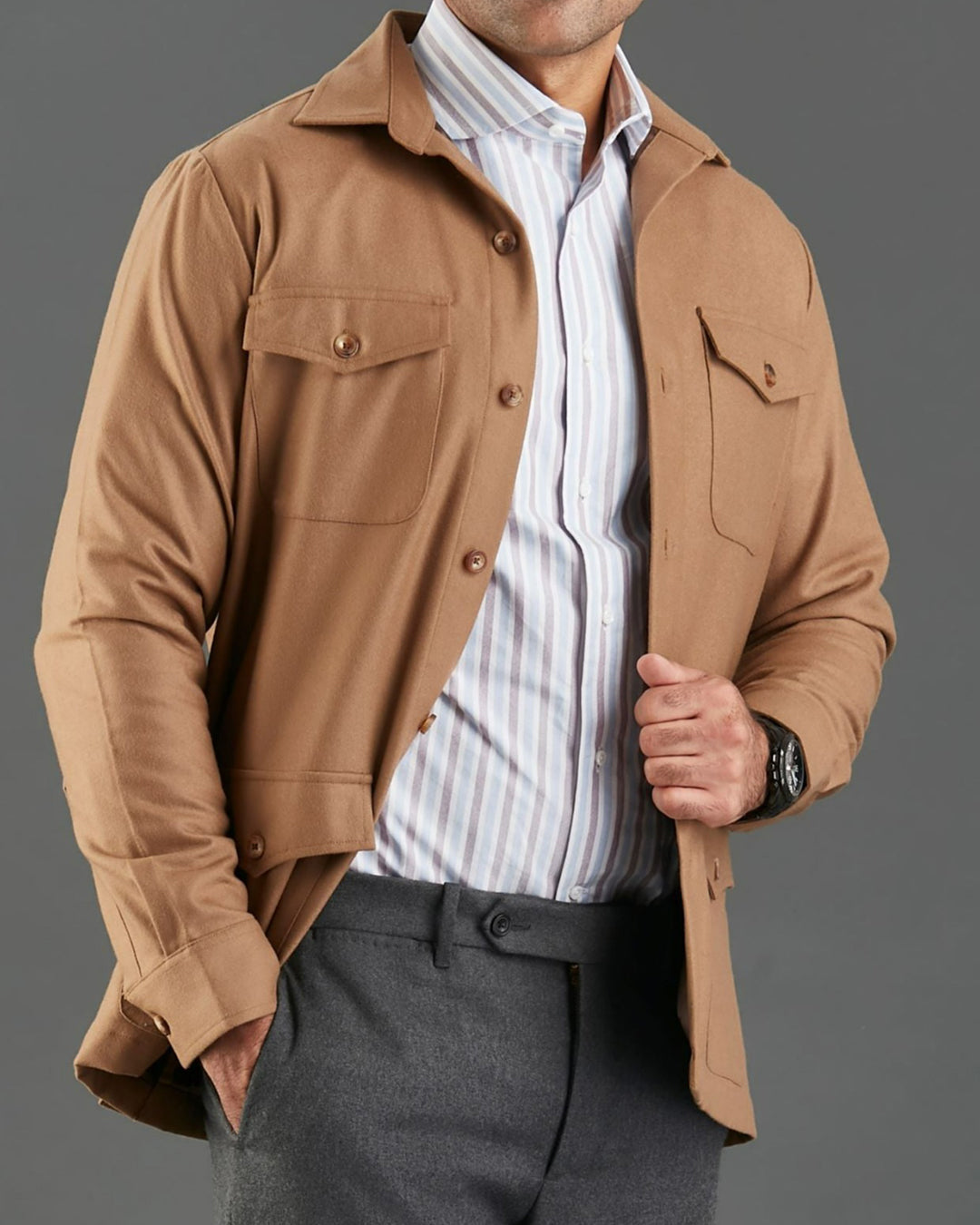 VBC: Sand Woolen Flannel Shirt Jacket - 1
