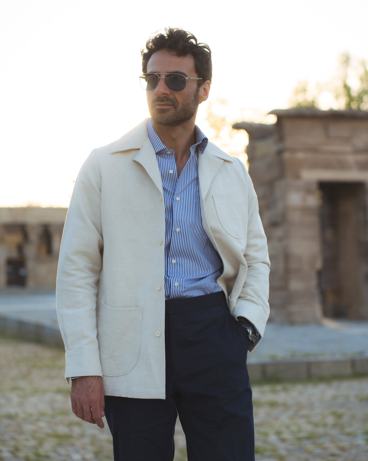 Linen Vintage Cream Birdseye Shirt Jacket - 11
