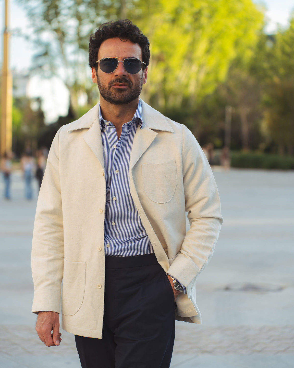 Linen Vintage Cream Birdseye Shirt Jacket - 32