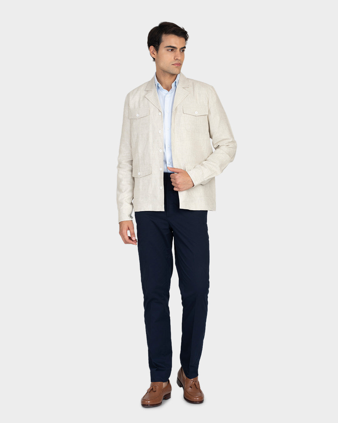 Front of model wearing the muslin shirt jacket for men by Luxire
