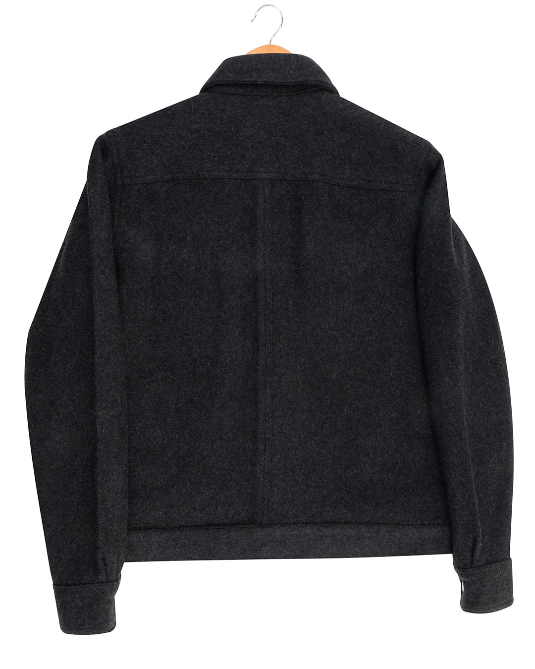 Back of the recycled wool shirt jacket for men by Luxire in charcoal grey