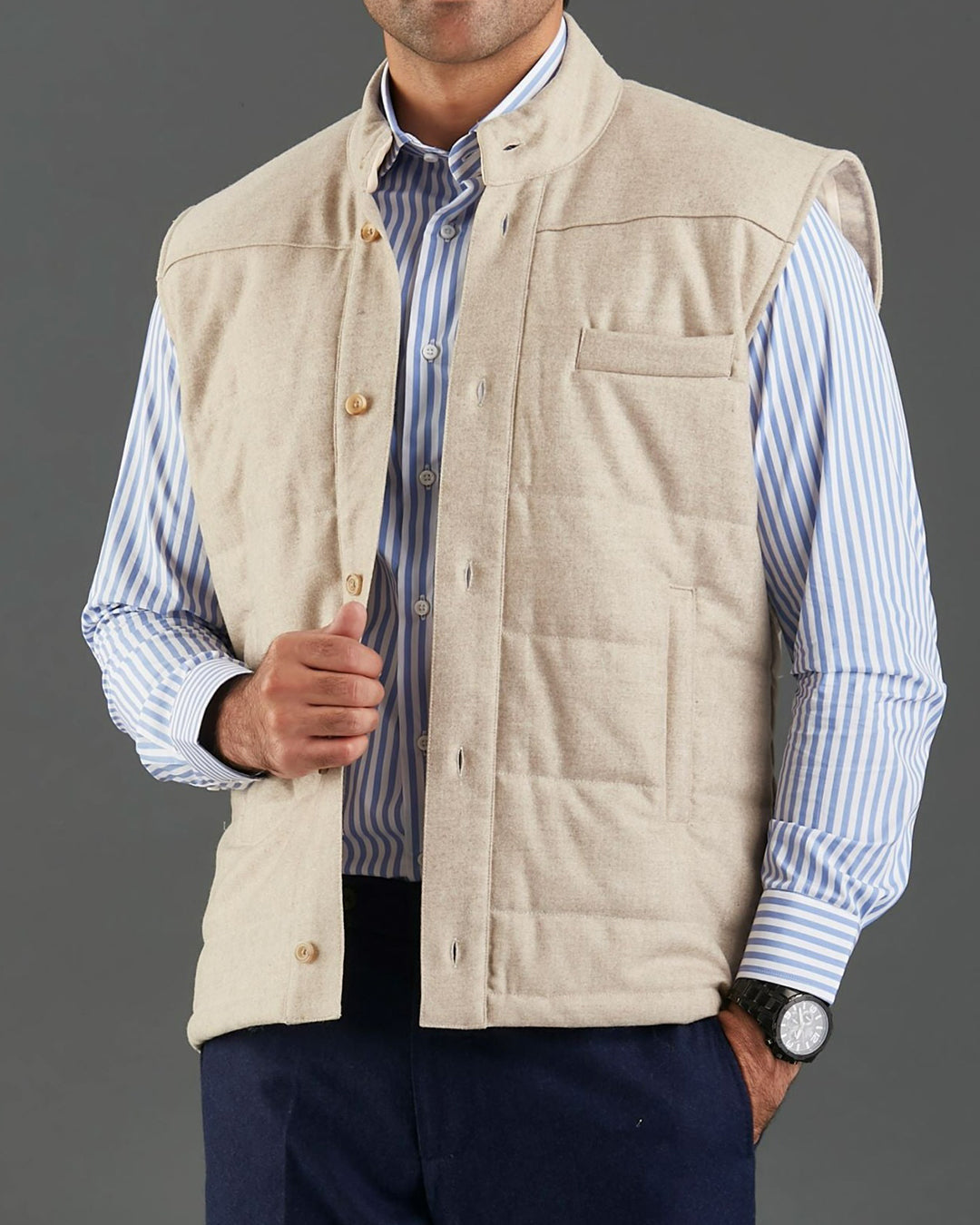 EThomas: Vintage Ecru Classic Flannel Quilted Gilet / Vest - 1