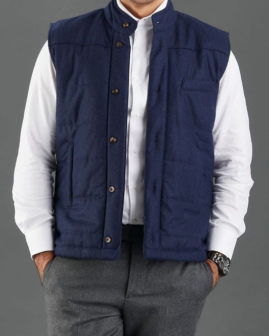 Model wearing the flannel quilted vest for men by Luxire in navy
