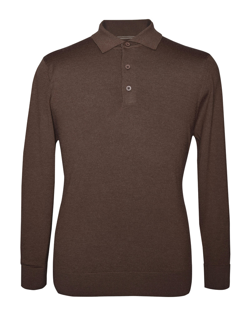EZS Merino Wool Brown Long Sleeve Polo
