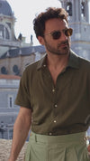 Olive Green Linen Cotton Camp Collar T-Shirt