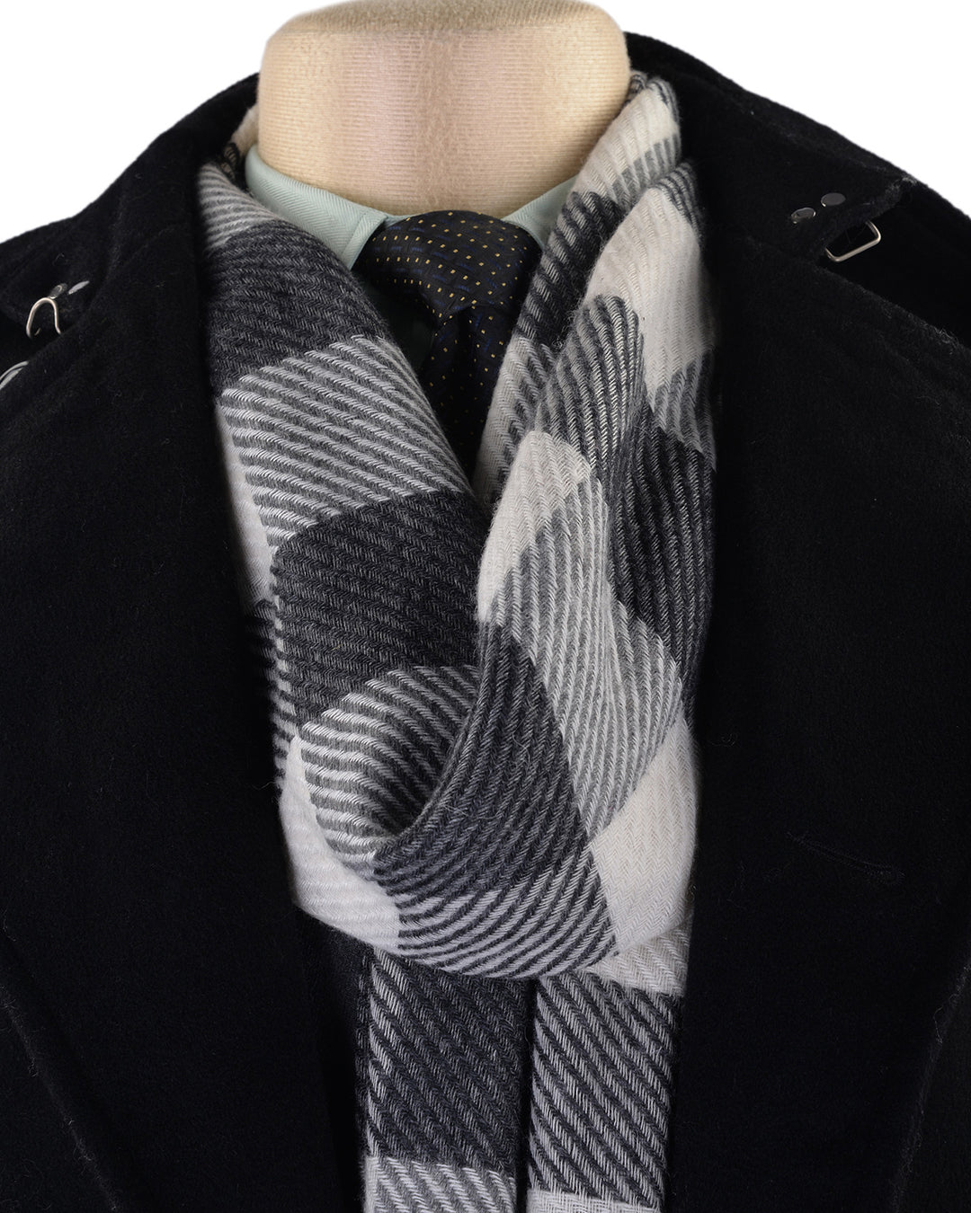 Cashmere Wool Scarf Black White Bold Checks Twill - 3