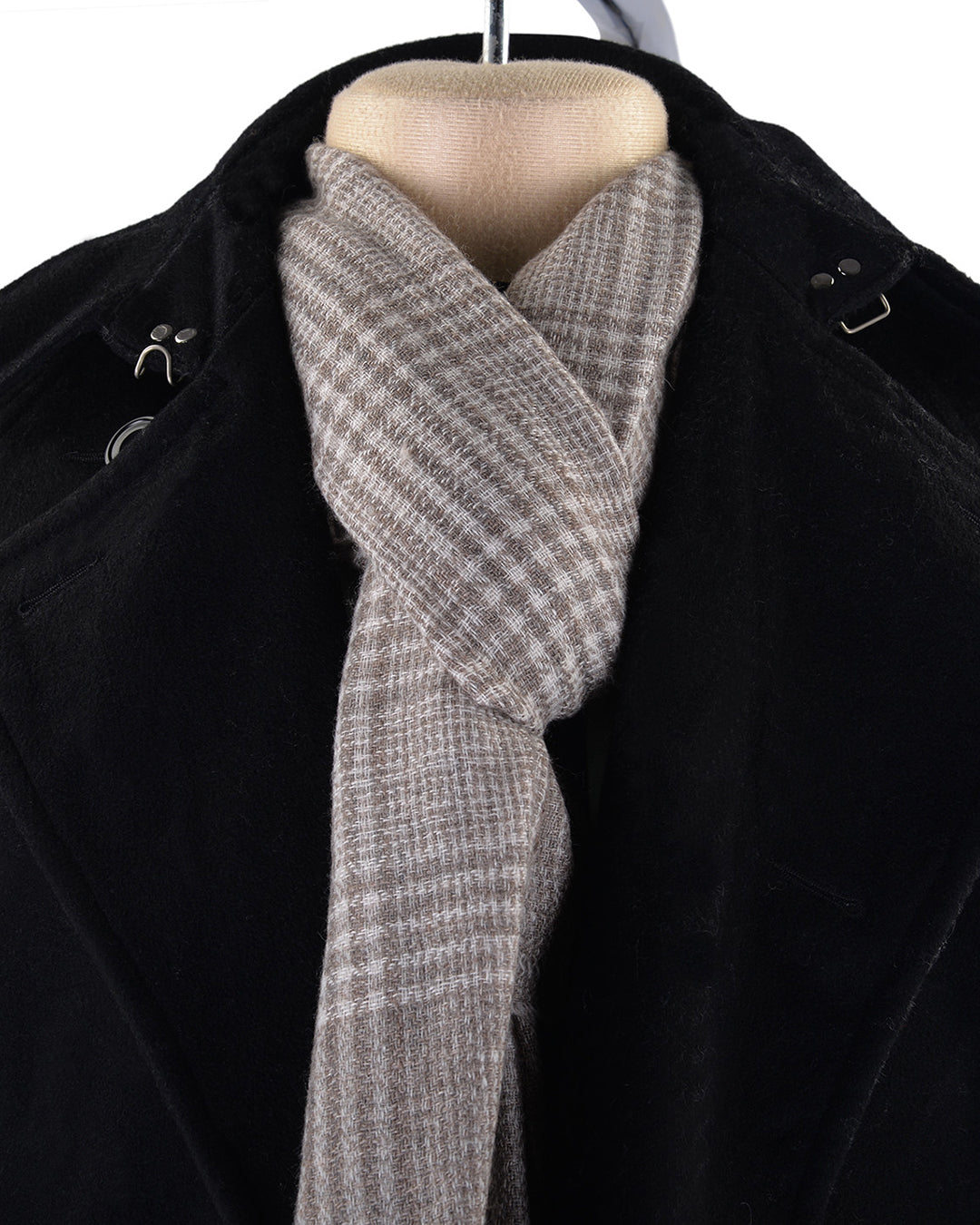 Cashmere Wool Scarf Brownish Grey Checks On Cream - 1