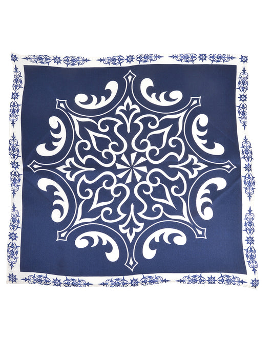 Pocket Square- White Print On Navy