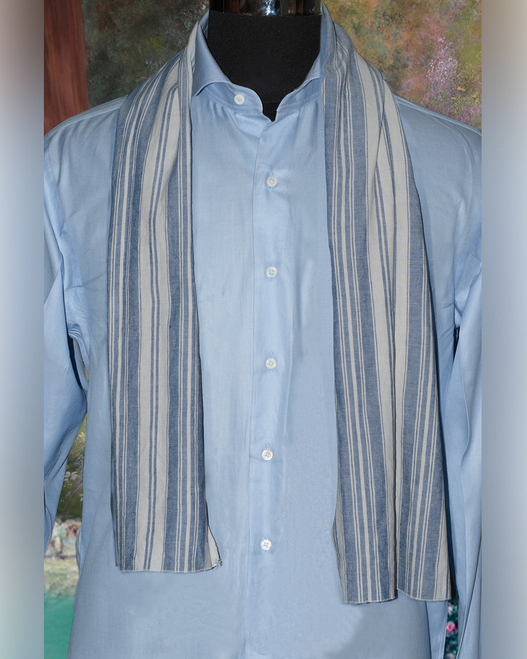 Ivory Blue Stripes Cotton Scarf - 1