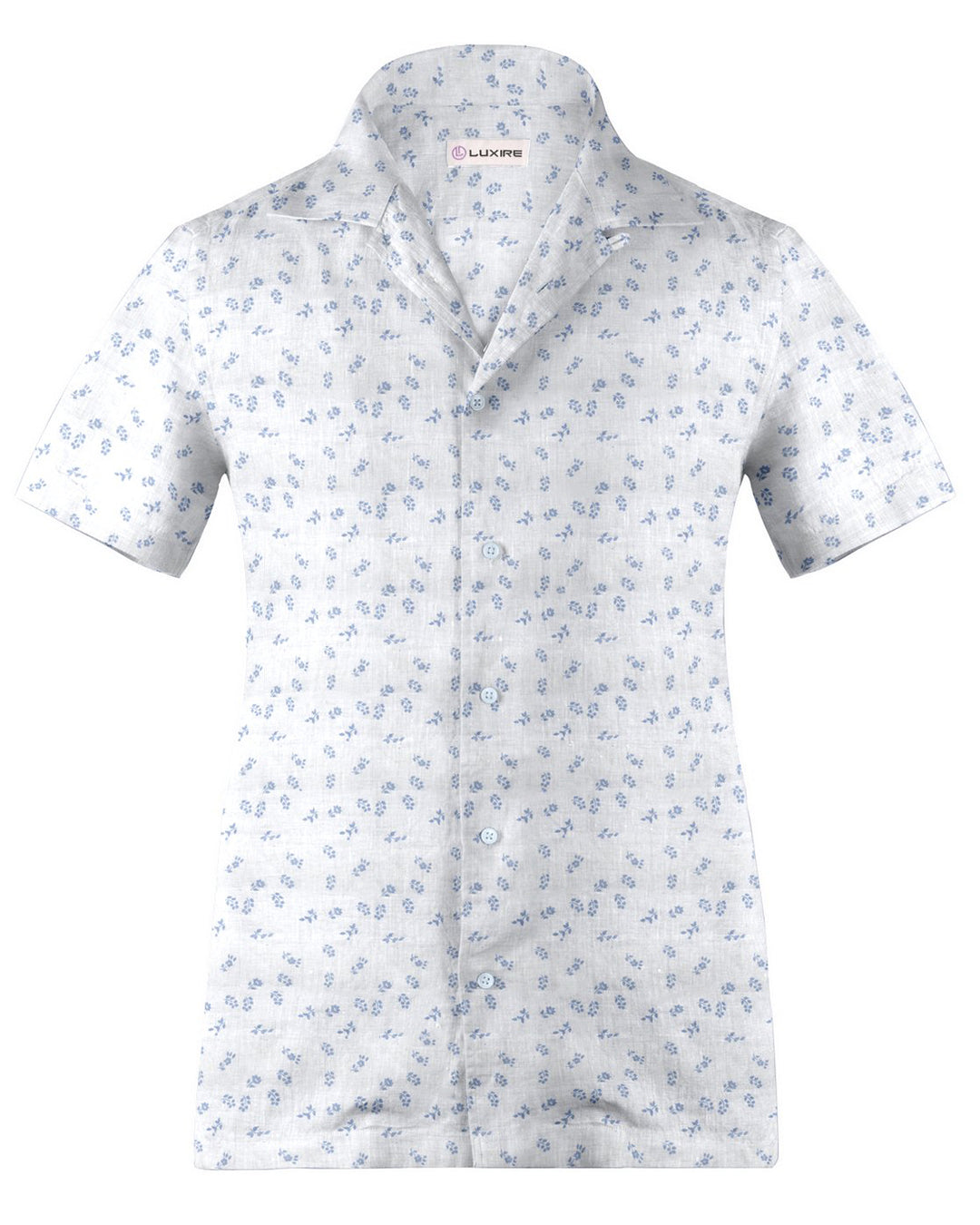Camp collar PRESET STYLE in Linen: Pale Blue Printed Leaves On White