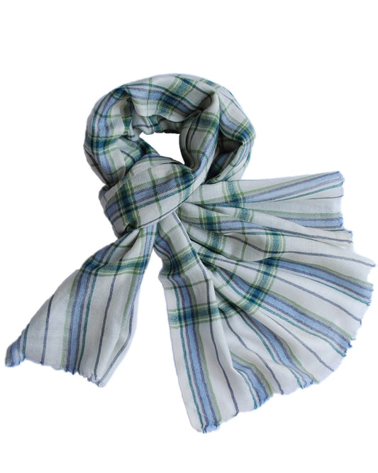 Pure Cashmere Scarf - Green Blue Cream Plaid